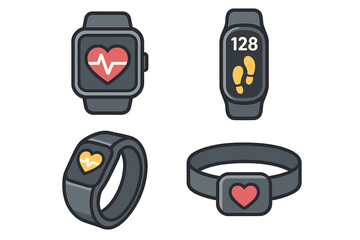 Set of wearable technology icons. Health and fitness tracking devices for everyday users. Smartwatch, activity band, chest strap heart rate monitor. Vector cartoon symbols.