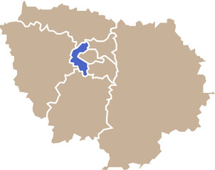 Illustration carte de la r&eacute;gion &Icirc;le-de-France avec d&eacute;partement Hauts-de-Seine mis en lumi&egrave;re