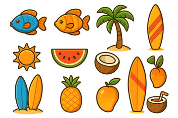 Summer beach icon set. Tropical vacation collection with fish, palm tree, surfboard, sun, watermelon, pineapple, coconut. Cute cartoon vector graphic elements for holiday design.