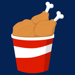 A crispy fried chicken bucket, with golden pieces of chicken. Fried chicken vector illustration. Barbecue grilled fried poultry, greasy fast food, tasty unhealthy snack