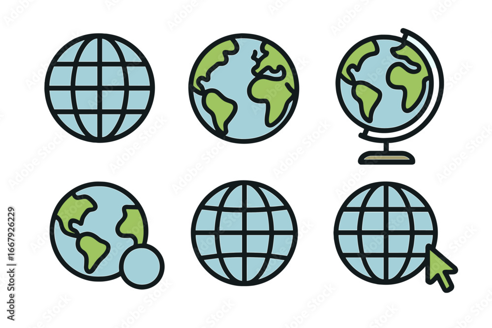 Poster globe earth icon set. vector collection of world map and planet symbols for website and internet. gl