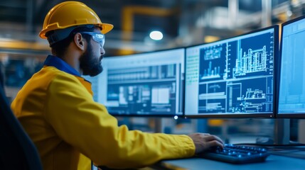 Engineer analyzing industrial data at high-tech facility manufacturing plant digital screens indoor environment close-up view technological innovation