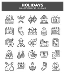 Collection of 25 Holidays. Icons and Symbols for Festive Occasions