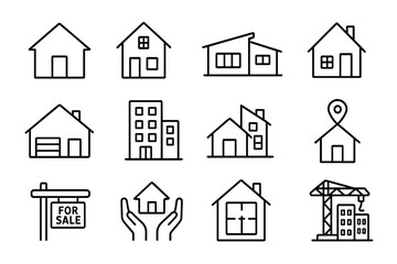 Fototapeta premium House & building outline icon set. Simple vector symbols for real estate, construction, property, mortgage, home insurance, location pin, for sale sign. Architecture line art.