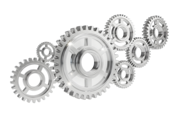 Shiny interlocking gears showing teamwork and industrial process in motion with a clean design