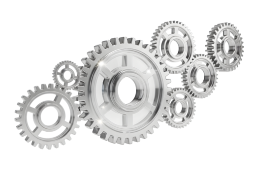 Shiny interlocking gears showing teamwork and industrial process in motion with a clean design