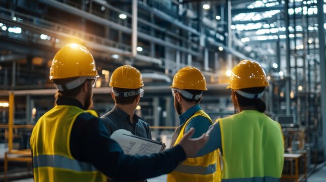 Team of engineers collaborating on project in industrial facility insights and planning safety protocols dynamic environment professional viewpoint