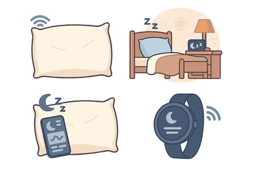 Sleep tracking technology vector icon set. Smart pillow, wearable fitness tracker, and mobile app for sleep cycle analysis. Healthy lifestyle and insomnia monitoring concept.