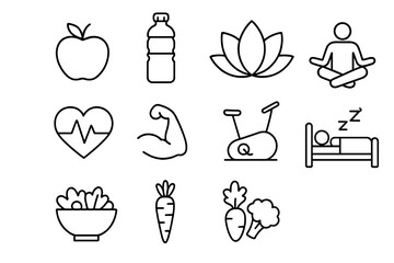 Lifestyle and wellness linear icon set. Health, fitness, and relaxation symbols. Healthy food, diet, yoga, exercise, and sleep vector icons. Outline pictogram collection.