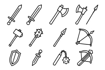 Naklejka premium Medieval weapons line icon set. Knight battle assets. Sword, axe, crossbow, bow, shield, mace, flail, spear, hammer. Simple outline cartoon vector for fantasy RPG games.