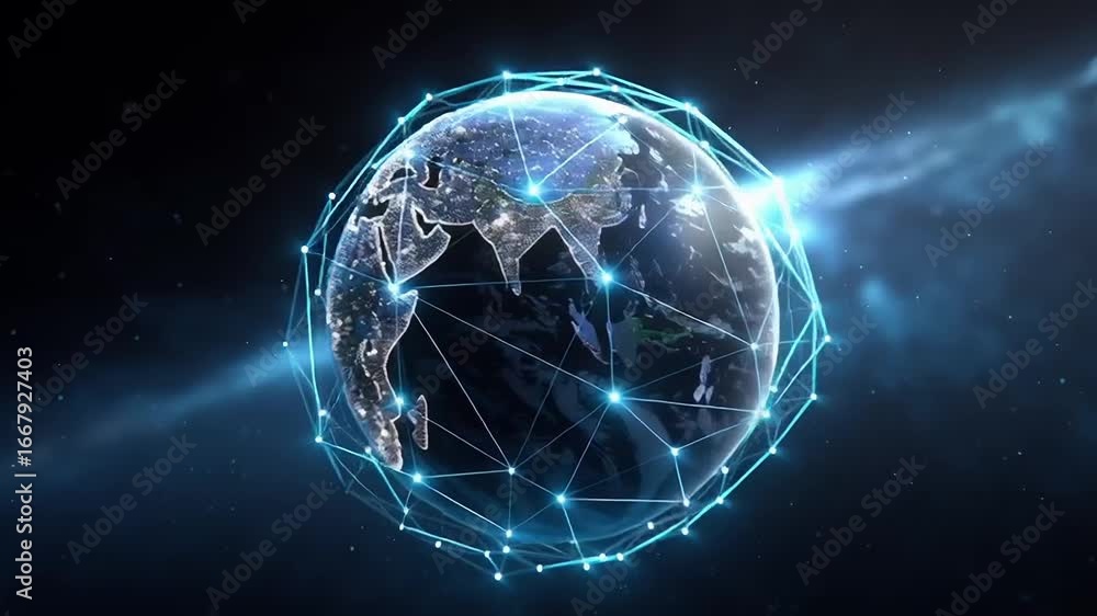 Poster a digital representation of earth connected by glowing lines, symbolizing global connectivity and te