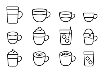 Specialty Drink Icons. Outline icon set of specialty drinks: latte, cappuccino, flat white, espresso,