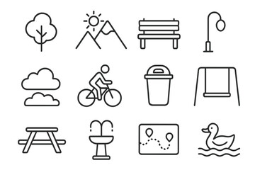 Park and Recreation Line Icon Set with Nature Elements, Outdoor Activities, Urban Amenities, Picnic, Cycling, Playground, Water Fountain, Map, and Wildlife Vector Cartoon Illustration