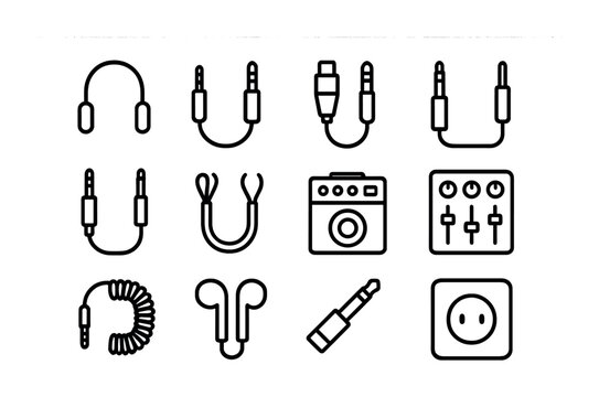 Audio Cable Icons. Outline icon set of audio and music cords: headphone cable, aux cord, XLR cable, microphone