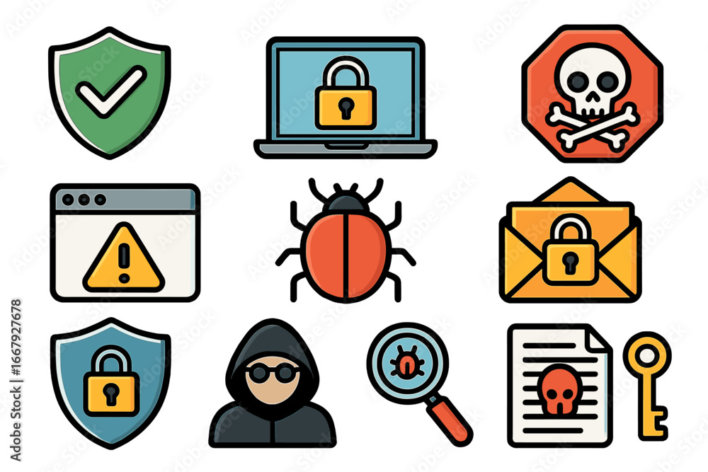 Poster cybersecurity icon set. hacker, virus, and malware protection. digital threats and internet safety c