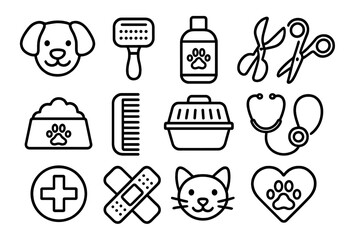 Pet care outline icon set including grooming tools, hygiene essentials, veterinary symbols, pet food, medical care, and animal health icons in vector cartoon style