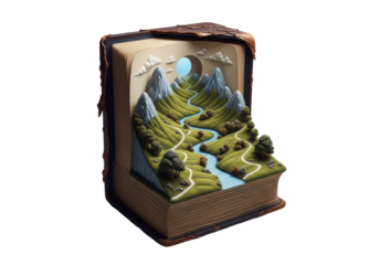 Torn antique leather book with sepia pages sculpted into miniature 3D landscape of hills, trees, river, on solid gray studio background. Concept of intricate literary craftsmanship