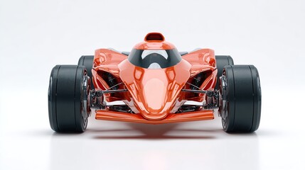 Sleek orange formula race car, centered frontal view against a white backdrop