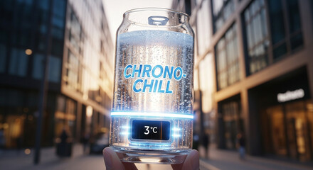 A glass jar with the text "CHRONO CHILL" is displayed in a hand. It has a digital readout of 3°C near the bottom, with some city buildings in the background.

