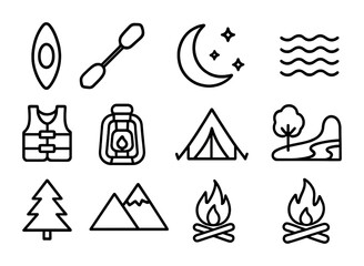 Fototapeta premium Moonlit Kayak Expedition Icons. Outline icon set of moonlit kayak expedition: kayak, paddle, crescent moon,
