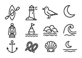 Obraz premium Coastal Night Icons. Outline icon set of coastal night expeditions: ocean kayak, lighthouse, seagull, crescent