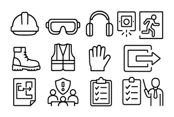 Workplace Safety Icons. Outline icon set of workplace safety drills: hard hat, safety goggles, ear protection,