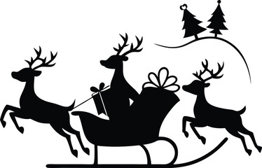 Sleigh In Air Trailing Gifts With Three Reindeer