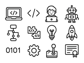Kids' Coding Icon Set. Outline icon set of coding for kids: laptop, code brackets, child typing, robot,