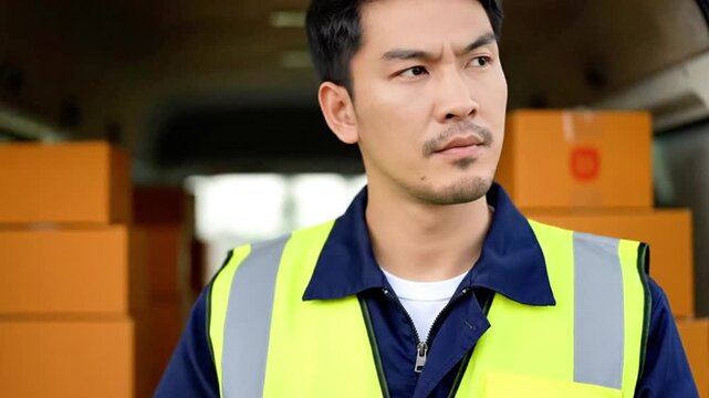 Confused Delivery Driver Checking Smartphone in Front of Van