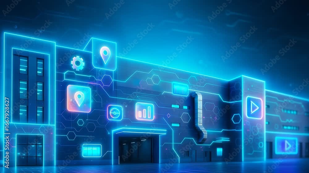 Poster building neon lights icons maps charts technology network display urban structure design