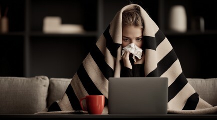 Sick woman working from home with laptop under blanket and tissue