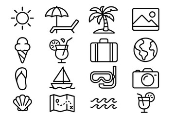 Summer beach travel line icon set with relaxation, vacation, fun, tropical palm, sun, ice cream, cocktail, suitcase, boat, snorkeling, camera, map, and ocean waves in cartoon style