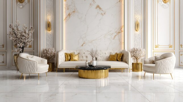 Luxurious living space with elegant furniture and marble backdrop, gold accents