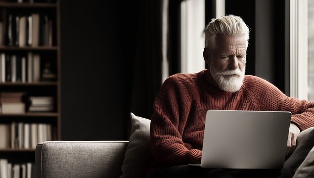 Senior man using laptop at home