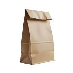 A closed brown paper lunch bag standing upright against a contrasting background transparent background