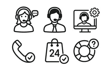 Support service vector isolated icons set, customer support headset and call center symbols, 24/7 help desk, technical assistance, service concept, cartoon illustration