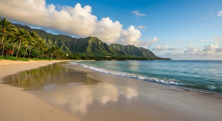 Tropical beach paradise sandy shore turquoise water mountain view