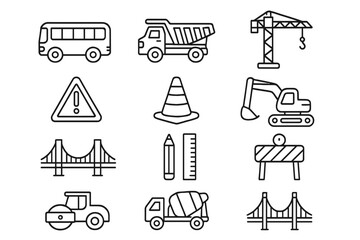 Transportation and construction line icon set with infrastructure and engineering symbols, vector cartoon illustration, transparent background, ordered collection of transport and construction tools