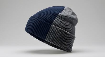 Two tone knitted beanie hat in navy and gray against a soft background