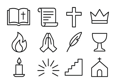 Predestination Icons Grid. Outline icon set of predestination discussions: Bible, scroll, cross, crown, flame,