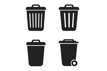 Trash bin vector isolated icons set, black trash can symbols, garbage container silhouettes, waste disposal icons collection, cartoon style, transparent background, ordered set 2