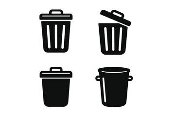 Set of 4 Black Vector Trash Bin Icons, Isolated Garbage Can Silhouettes, Waste Container Symbols, Cartoon Style Trash Receptacle Illustrations with Transparent Background