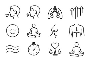 Breathing Exercises Icons. Outline icon set of breathing exercises: inhale icon, exhale icon, lungs, airflow