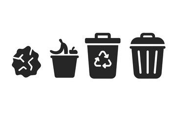 Waste management icons lineup, litter and trash cans solid vector set for eco-friendly solutions, recycling, and sustainable waste disposal, cartoon style illustration