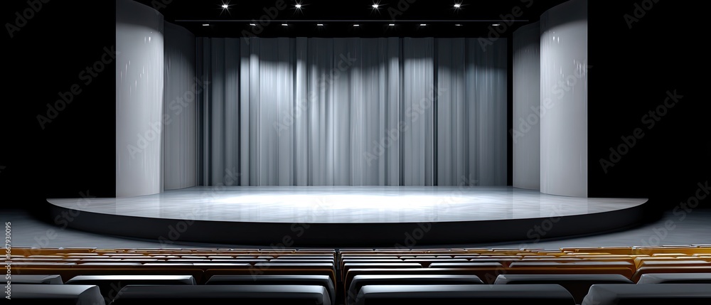 Poster empty stage auditorium minimalist concept. empty theater stage with curtains and seating, ready for 