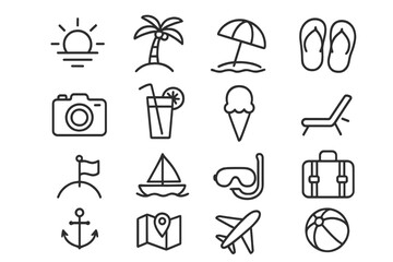 Summer beach travel icon set with relaxing vacation elements, fun leisure symbols, holiday essentials, tropical palm, sun, umbrella, ice cream, camera, flight, and map vector cartoon illustrations