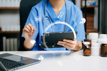 Medicine doctor woman hand working with computer virtual dashboard as medical network concept Health care, medical