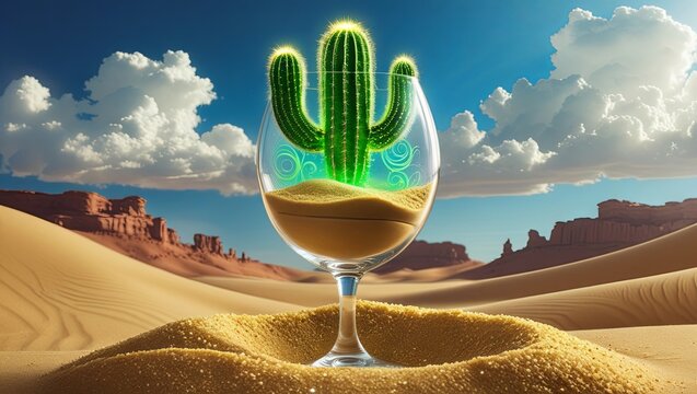 A surreal scene depicting a glowing green cactus sprouting from a wine glass filled with sand, set against a stylized desert backdrop