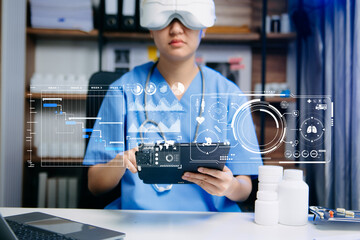 Nurse using VR and digital interface for futuristic healthcare, showcasing innovation,...