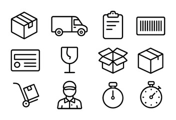 Fototapeta premium Courier Icon Essentials. Outline icon set of courier essentials: parcel box, delivery van, clipboard, scanner,